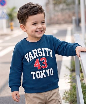 Babyhug Heavy Gauge 100% Cotton Terry Knit Full Sleeves Sweatshirt with Varsity Print - Navy Blue
