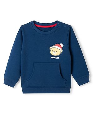 Babyhug 100% Cotton Heavy Gauge Knit Sweatshirt with Full Sleeves and Bear Print in Navy Blue