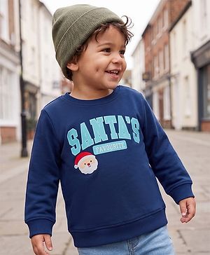 Babyhug 100% Cotton Terry Knit Sweatshirt with Full Sleeves and Santa' Favourite Text Print - Navy Blue