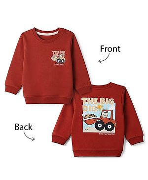 Babyhug 100% Cotton Heavy Gauge Terry Knit Sweatshirt with Full Sleeves and Excavator Print - Brown