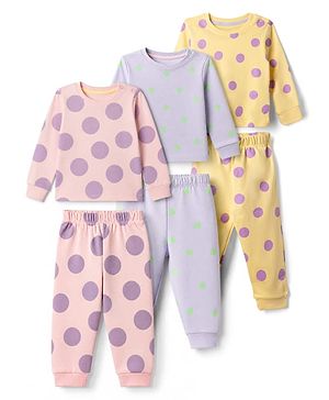 Bonfino 100% Cotton Knit Full Sleeves Co-Ords T-Shirt & Pyjama Night Suit with Polka Dots Print Set of 3 - Pink Lavender & Yellow