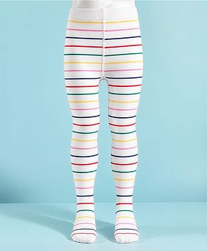 Cute Walk By Babyhug Non Terry Knit Regular Tights With Stripe Design - White