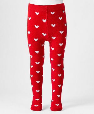 Cute Walk by Babyhug Non terry Knit Full Length Tights with Heart Print - Red