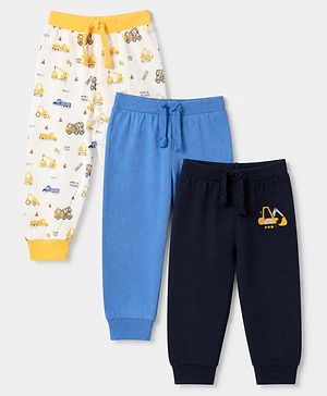 Babyhug Cotton Jersey Knit Full Length Jogger Fit Lounge Pants with Vehicle Print Pack of 3 In Black White & Blue
