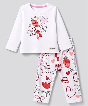 Bonfino 100% Cotton Knit Full Sleeves T-Shirt & Pyjama Night Suit with Heart Floral & Cherry Print - White