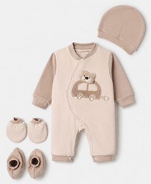 Babyhug Fur Knit Footed Romper with Full Sleeves and Car Patch in Cream