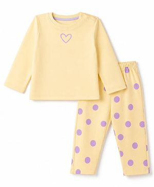 Bonfino Cotton knit Full Sleeves T-Shirt & Pyjama Night Suit with Heart & Polka Dots Prints - Yellow