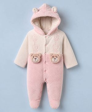 Babyhug Fur Knit Footed Winter Romper with Full Sleeves and Bear Applique in Pink