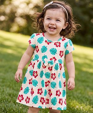 Babyhug Single Jersey Knit Half Sleeves One Piece Dress with Tropical Print - Red & Beige