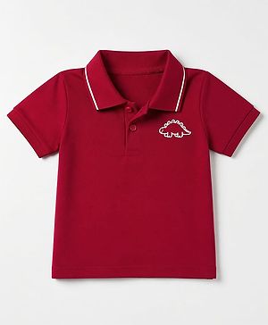 Babyhug Knit Half Sleeves Solid Polo T-Shirt with Dinosaur Embroidery - Red