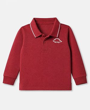 Babyhug 100% Cotton Knit Full Sleeves Polo T-Shirt With Dinosaur Embroidery - Red