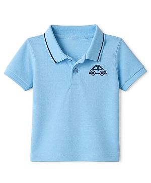 Babyhug 100% Cotton Knit T-Shirt with Half Sleeves and Car Embroidery in Light Blue