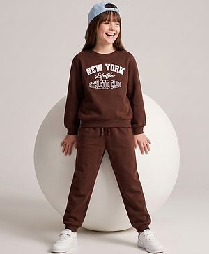 Pine Kids 100% Cotton Knit Full Sleeves Text Printed Winter Wear Suit - Brown