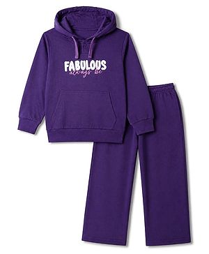 Pine Kids 100% Cotton Looper Knit Full Sleeves Hooded Sweatshirt and Pant with Always Be Fabulous Print - Purple