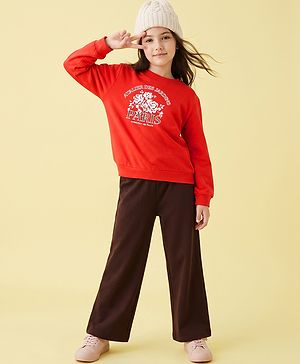 Pine Kids Looper Knit Full Sleeves Winter Wear Suit With Text Print - Red