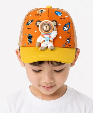 Vritraz Cotton Woven Space Theme Printed & Teddy Applique Detailed Baseball Cap - Orange - Circumference 52 - 56 Cm