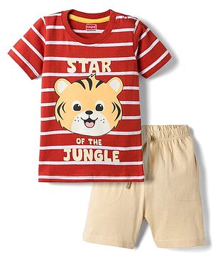 Babyhug 100% Cotton Single Jersey Knit Half Sleeves T-Shirt and Shorts Set Cub Face Print - Red