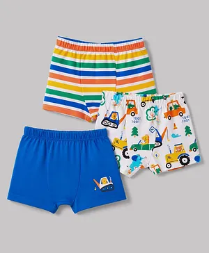 Babyhug 100% Cotton Single Jersey Knit Striped & JCB Printed Trunks Pack of 3  - Blue