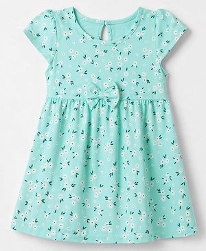 Babyhug Single Jersey Knit Half Sleeves One Piece Dress with Bow Applique and Floral Print - Aqua