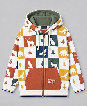 Pine Kids 100% Cotton Knit Hooded Sweat Jacket with Full Sleeves and Reindeer & Fox with Trees Print and Kangaroo Pockets - White