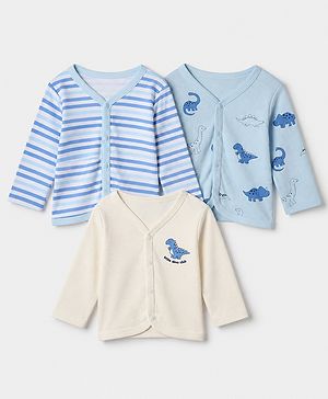 Babyhug 100% Cotton Interlock Knit Front Open Jhablas with Stripes & Dino Print in Blue & White Pack of 3