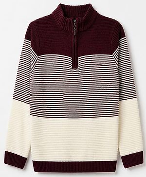 Pine Kids Knit Pullover with Full Sleeves & Striped Design - Wine
