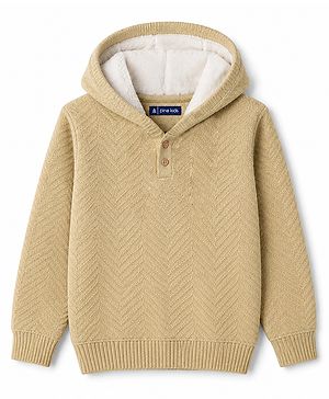 Pine Kids Knit Full Sleeves Hooded Pullover with Full Chevron Pattern Design - Beige