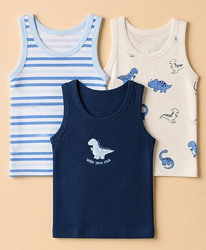 Babyhug 100% Cotton Single Jersey Knit Vests with Dino & Stripes Print in Blue & White Pack of 3