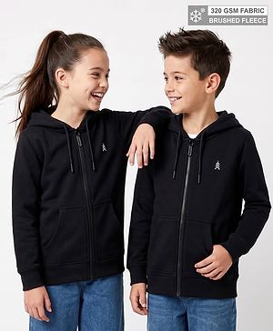 Pine Kids Cotton Mix Knit Full Sleeves Hooded Sweatshirt With Kangaroo Pockets - Black
