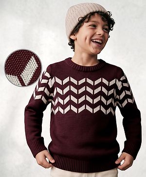 Pine Kids Knit Pullover with Full Sleeves and Chevron Design - Burgundy & Beige