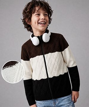Pine Kids Cotton Blend Knit Front Open Sweater with Full Sleeves & Cable Knit Design - White
