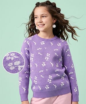 Pine Kids Knit Pullover with Full Sleeves and Floral Design in Purple for 4-5 Years