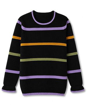 Pine Kids Knit Striped Full Sleeves Pullovers - Black