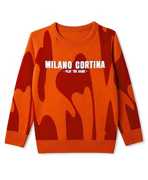 Pine Kids Knit Full Sleeves Text Printed Pullover Sweater - Neon Orange