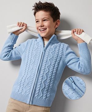 Pine Kids Cable Knit Front Open Sweater with Full Sleeves in Blue for 4-5 Years
