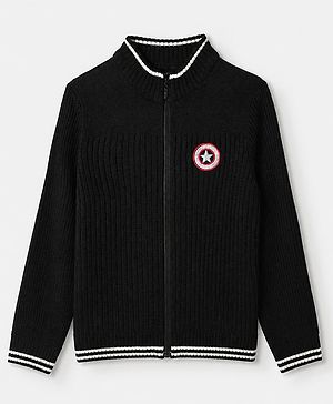Pine Kids Knit Front Open Sweater with Full Sleeves and Shield Patch - Black