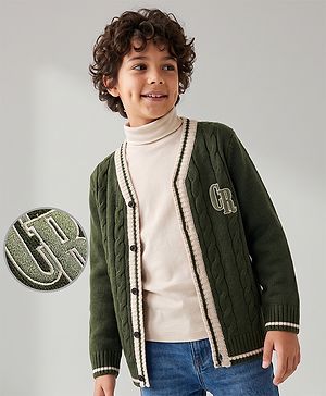 Pine Kids Cable Knit Front Open Sweater with Full Sleeves and Cr Patch in Green