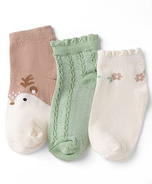 Cute Walk By Babyhug Poly Blends Knit Anti Bacterial Ankle Length Embroided Socks With Flower Design Pack of 3 - Sea Green, Light Peach & Off White
