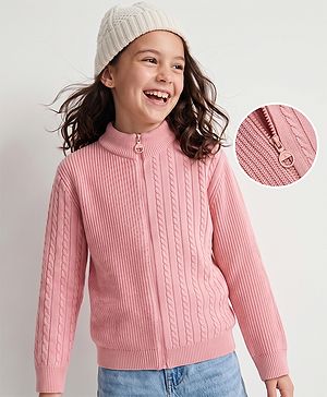 Pine Kids Cable Knit Front Open Sweater with Full Sleeves in Pink for 4-5 Years