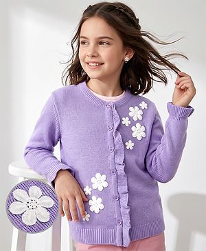 Pine Kids Knit Full Sleeves Front Open Sweater with Frill Details & Floral Embroidery - Purple