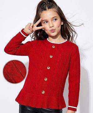 Pine Kids Knit Full Sleeves Pullover with Button & Frill Detailing - Red