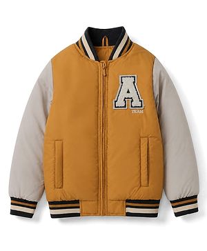 Pine Kids Woven Bomber Jacket with Full Sleeves and Varsity Applique in Yellow for 4-5 Years