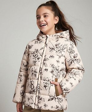 Pine Kids Woven Full Sleeves Hooded Paded Quilted Winter Jacket With Floral Print - OffWhite