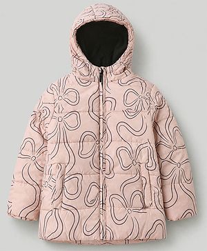 Pine Kids Woven Full Sleeves Hooded Paded Quilted Winter Jacket With Bow Print - Pink