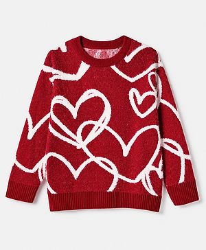 Pine Kids Pullover with Full Sleeves and Hearts Design in Red