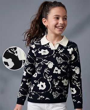 Pine Kids Knit Pullover with Full Sleeves and Floral Design - Black