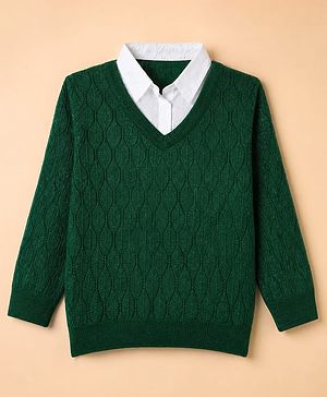 Pine Kids Knit Pullover with Full Sleeves & Cable Knit Design - Green