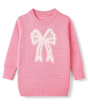 Pine Kids Knit Pullovers Sweater with Full Sleeves and Bow Applique in Pink