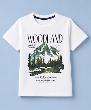 Pine Kids Cotton Knit Half Sleeves T-Shirt with Mountain Landscape Print - White
