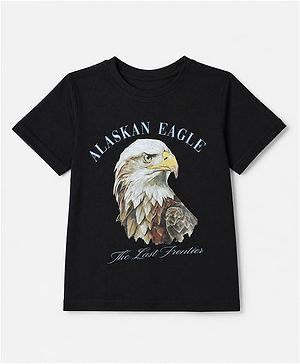 Pine Kids Cotton Knit T-Shirt with Half Sleeves and Alaskan Eagle Text & Eagle Print - Black